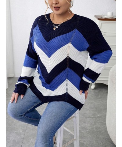 Women's Plus Size Colorblock Chevron Round Neck Asymmetrical Long Sleeve Sweater Top Blue Multi $13.76 Sweaters