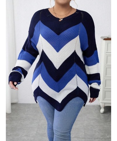 Women's Plus Size Colorblock Chevron Round Neck Asymmetrical Long Sleeve Sweater Top Blue Multi $13.76 Sweaters