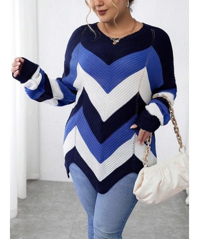 Women's Plus Size Colorblock Chevron Round Neck Asymmetrical Long Sleeve Sweater Top Blue Multi $13.76 Sweaters