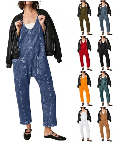 Women Denim Jumpsuit Adjustable Strap Bib Overall Jean Jumpsuit Soft Stretch Long Pants Denim Bib Romper with Pockets A07-dar...