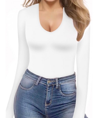 Double Lined Long Sleeve Bodysuits for Women V Neck Slim Fit Sexy Body Suit Shirt Tops for Going Out A Long Sleeve White $13....