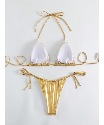 Women's Metallic 2 Piece Swimsuit Micro Triangle Halter Self Tie Cheeky Bikini Set Gold $12.97 Swimsuits