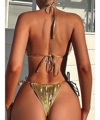 Women's Metallic 2 Piece Swimsuit Micro Triangle Halter Self Tie Cheeky Bikini Set Gold $12.97 Swimsuits