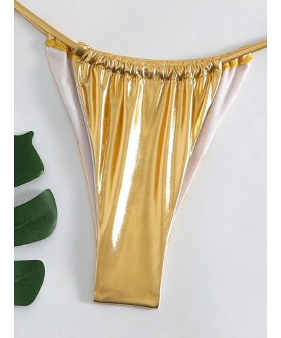 Women's Metallic 2 Piece Swimsuit Micro Triangle Halter Self Tie Cheeky Bikini Set Gold $12.97 Swimsuits