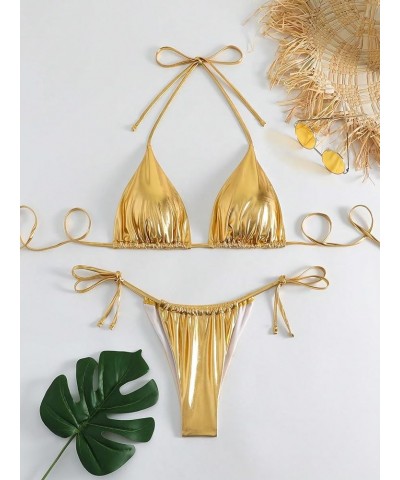 Women's Metallic 2 Piece Swimsuit Micro Triangle Halter Self Tie Cheeky Bikini Set Gold $12.97 Swimsuits