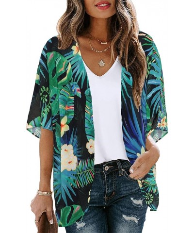 Women's Floral Print Puff Sleeve Kimono Cardigan Loose Cover Up Casual Blouse Tops Black Green Tropical $12.46 Swimsuits