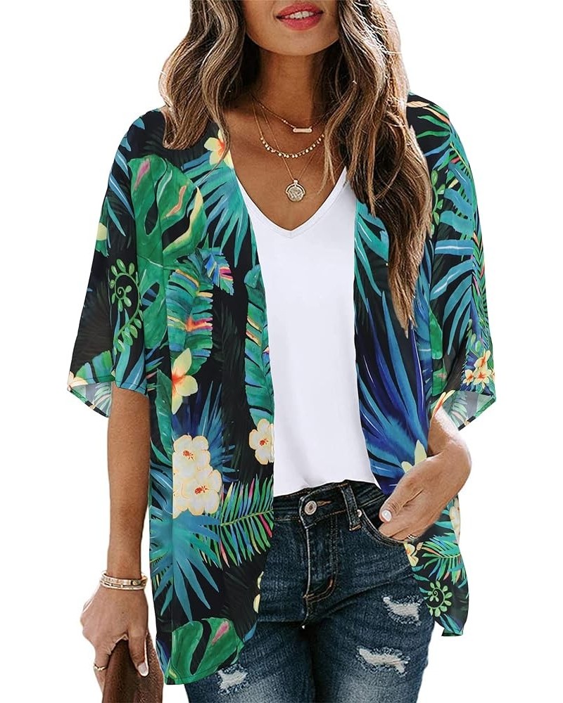 Women's Floral Print Puff Sleeve Kimono Cardigan Loose Cover Up Casual Blouse Tops Black Green Tropical $12.46 Swimsuits