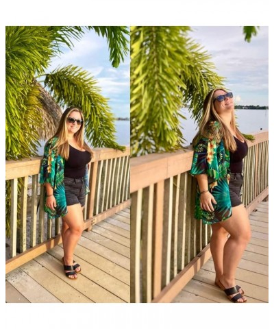 Women's Floral Print Puff Sleeve Kimono Cardigan Loose Cover Up Casual Blouse Tops Black Green Tropical $12.46 Swimsuits