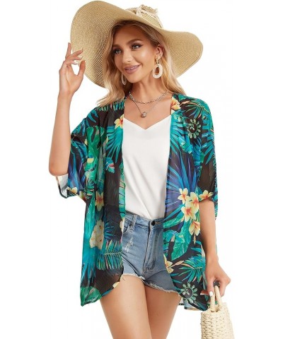 Women's Floral Print Puff Sleeve Kimono Cardigan Loose Cover Up Casual Blouse Tops Black Green Tropical $12.46 Swimsuits