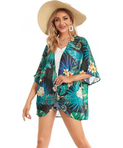 Women's Floral Print Puff Sleeve Kimono Cardigan Loose Cover Up Casual Blouse Tops Black Green Tropical $12.46 Swimsuits