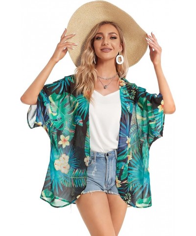 Women's Floral Print Puff Sleeve Kimono Cardigan Loose Cover Up Casual Blouse Tops Black Green Tropical $12.46 Swimsuits