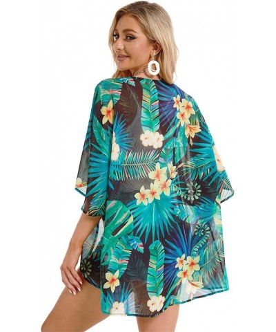 Women's Floral Print Puff Sleeve Kimono Cardigan Loose Cover Up Casual Blouse Tops Black Green Tropical $12.46 Swimsuits