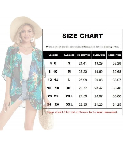 Women's Floral Print Puff Sleeve Kimono Cardigan Loose Cover Up Casual Blouse Tops Black Green Tropical $12.46 Swimsuits