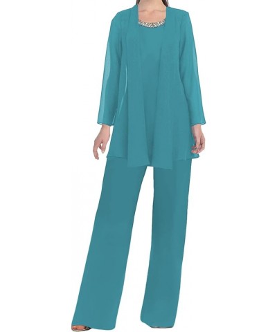 Women's Chiffon Mother of the Bride Pants Suits 3 Pieces Evening Formal Dress Outfit Prom Wedding Party Gowns Teal Blue $49.8...