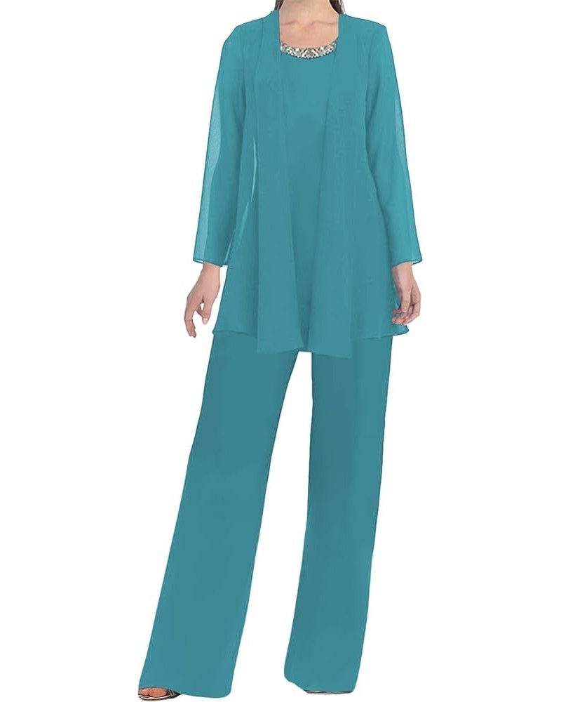 Women's Chiffon Mother of the Bride Pants Suits 3 Pieces Evening Formal Dress Outfit Prom Wedding Party Gowns Teal Blue $49.8...