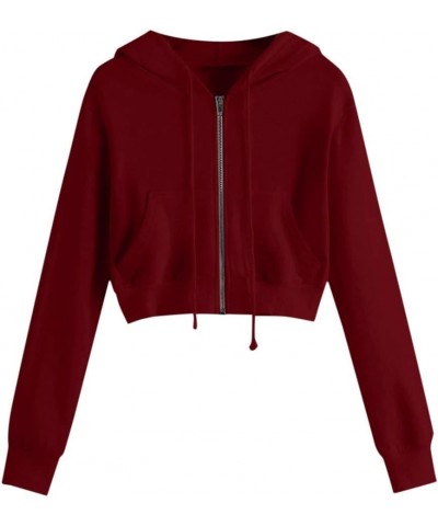 Crop Tops Zip Up Hoodies for Teen Girls, Women's Casual Long Sleeve Sweatshirt Printed Drawstring Hooded Pullover Z2-wine $3....