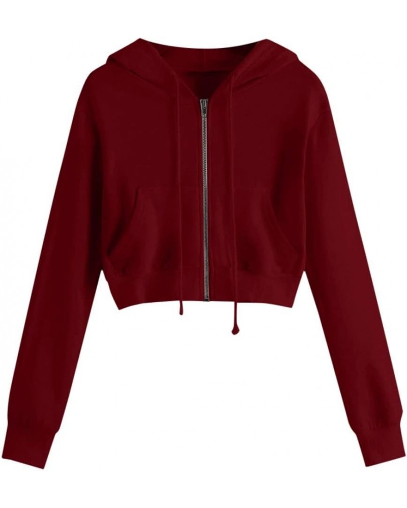 Crop Tops Zip Up Hoodies for Teen Girls, Women's Casual Long Sleeve Sweatshirt Printed Drawstring Hooded Pullover Z2-wine $3....