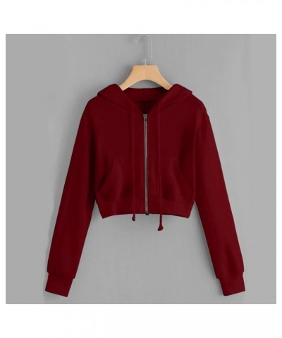 Crop Tops Zip Up Hoodies for Teen Girls, Women's Casual Long Sleeve Sweatshirt Printed Drawstring Hooded Pullover Z2-wine $3....