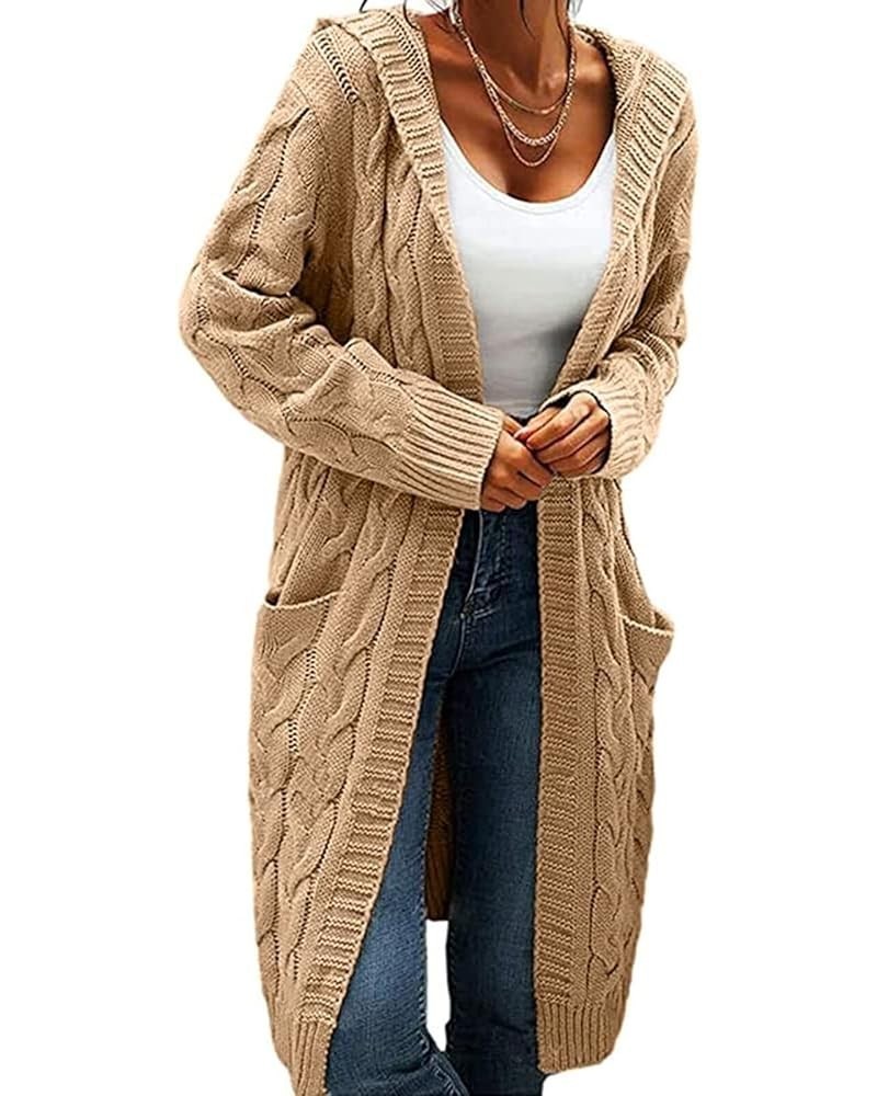 Women Hooded Open Front Cardigan Cable Knit Sweaters Solid Color Chunky Long Sweater Coats Khaki $24.30 Sweaters