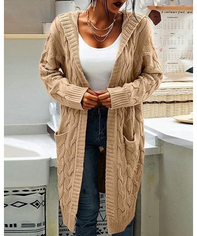 Women Hooded Open Front Cardigan Cable Knit Sweaters Solid Color Chunky Long Sweater Coats Khaki $24.30 Sweaters