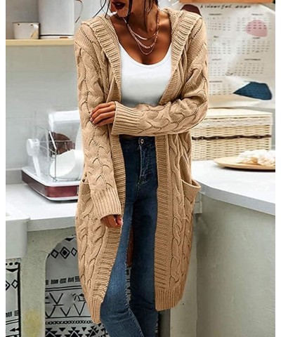 Women Hooded Open Front Cardigan Cable Knit Sweaters Solid Color Chunky Long Sweater Coats Khaki $24.30 Sweaters