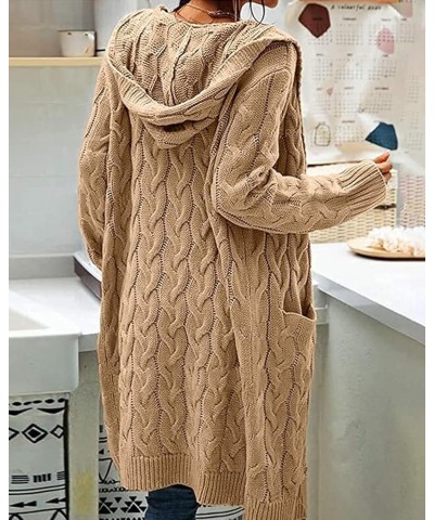 Women Hooded Open Front Cardigan Cable Knit Sweaters Solid Color Chunky Long Sweater Coats Khaki $24.30 Sweaters