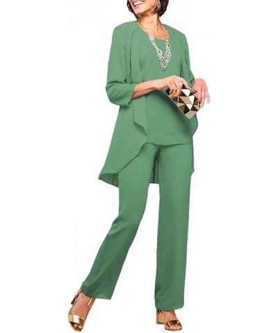 3Pcs Mother of The Bride Pants Suits for Wedding Long Chiffon Evening Gown with Jacket Formal Party Outfit Pants Suit Sage $5...