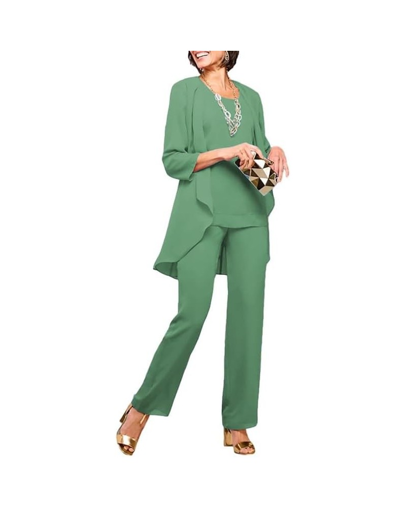 3Pcs Mother of The Bride Pants Suits for Wedding Long Chiffon Evening Gown with Jacket Formal Party Outfit Pants Suit Sage $5...