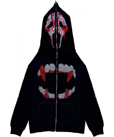 Y2K Rhinestone Full Zip Up Hoodie Women Man Goth Graphic Oversized Punk Jackets Grunge Sweatshirt Coat K-black Red Skull $17....