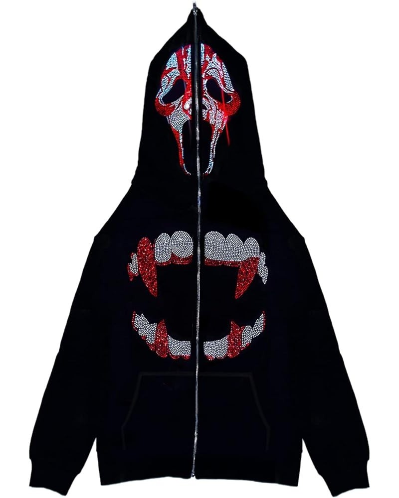 Y2K Rhinestone Full Zip Up Hoodie Women Man Goth Graphic Oversized Punk Jackets Grunge Sweatshirt Coat K-black Red Skull $17....