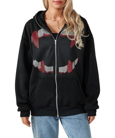 Y2K Rhinestone Full Zip Up Hoodie Women Man Goth Graphic Oversized Punk Jackets Grunge Sweatshirt Coat K-black Red Skull $17....