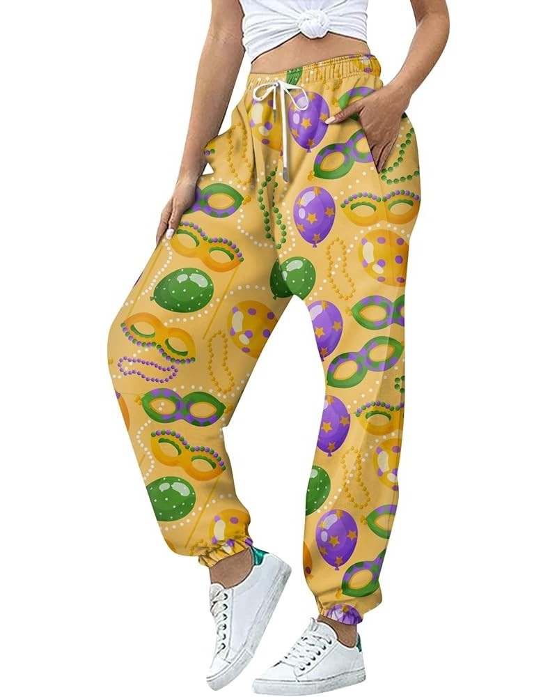 Mardi Gras Pants for Women 2024 Fashion Lounge Feastival Printed Pants Drawstring Jogger Sweat Pant with Pocket B-yellow $9.2...