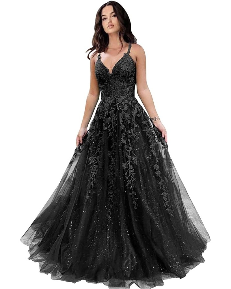 Glitter Tulle Prom Dresses Women Lace Appliques Long Ball Gwons with Spaghetti Straps A-Line Evening Dresses 2024 Black-n $50...