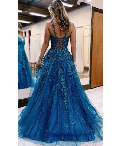 Glitter Tulle Prom Dresses Women Lace Appliques Long Ball Gwons with Spaghetti Straps A-Line Evening Dresses 2024 Black-n $50...