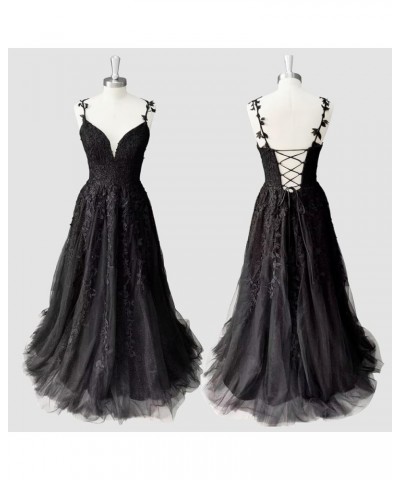 Glitter Tulle Prom Dresses Women Lace Appliques Long Ball Gwons with Spaghetti Straps A-Line Evening Dresses 2024 Black-n $50...