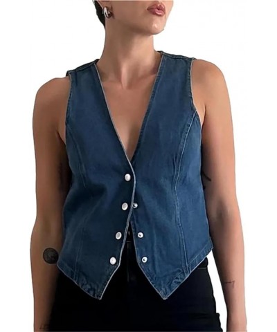 Women Sleeveless Button Down Denim Vest Deep V Neck Jean Tank Tops Sexy Going Out Solid Color Fitted Denim Crop Top J Blue $1...