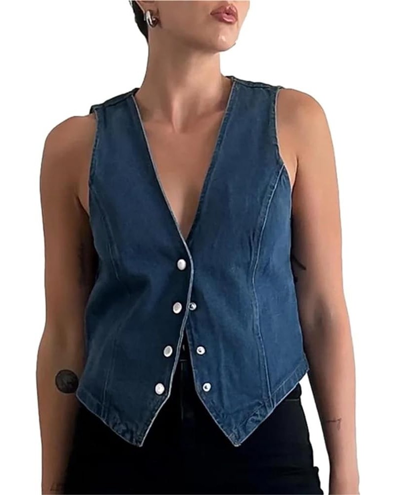 Women Sleeveless Button Down Denim Vest Deep V Neck Jean Tank Tops Sexy Going Out Solid Color Fitted Denim Crop Top J Blue $1...