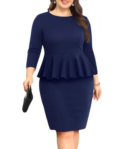 Womens Plus Size Peplum Dress 3/4 Sleeve Formal Work Business Knee Length Bodycon Pencil Dresses Navy Blue $24.47 Dresses