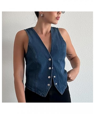 Women Sleeveless Button Down Denim Vest Deep V Neck Jean Tank Tops Sexy Going Out Solid Color Fitted Denim Crop Top J Blue $1...