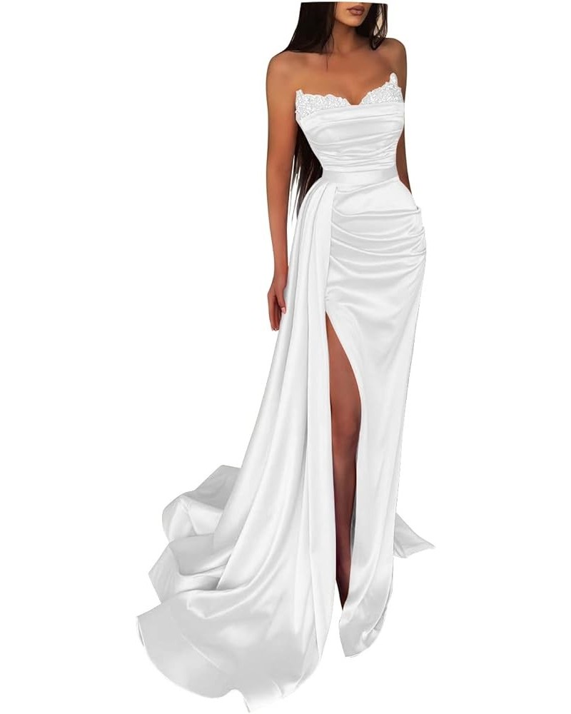 Women's Beaded Mermaid Prom Dresses 2024 Satin Ball Gown Long Formal Evening Gowns with Slit White $45.39 Dresses