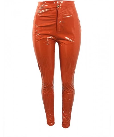 Leather Pants Women Winter PU Faux Leather Leggings for Women Fleece Lining High Waist Leather Pant Orange $20.75 Leggings