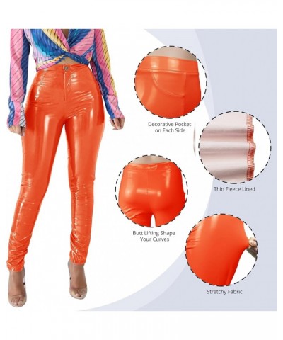 Leather Pants Women Winter PU Faux Leather Leggings for Women Fleece Lining High Waist Leather Pant Orange $20.75 Leggings