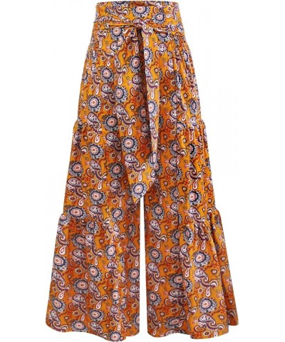 Womens Wide Leg Palazzo Pants Summer Loose Casual Beach Boho Floral Printed Trousers Bohemian Belted Pants Yellow Floral 2 $1...