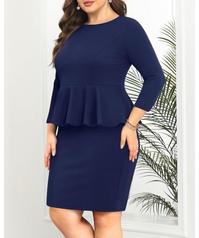 Womens Plus Size Peplum Dress 3/4 Sleeve Formal Work Business Knee Length Bodycon Pencil Dresses Navy Blue $24.47 Dresses