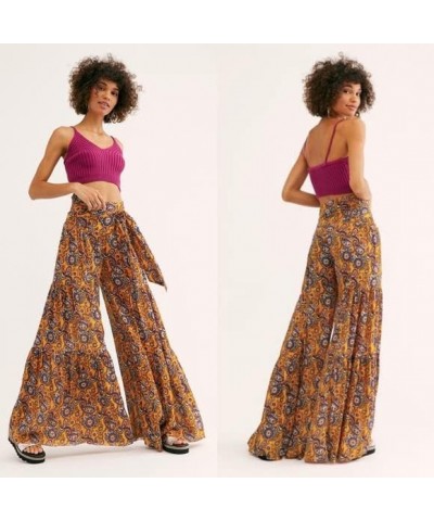 Womens Wide Leg Palazzo Pants Summer Loose Casual Beach Boho Floral Printed Trousers Bohemian Belted Pants Yellow Floral 2 $1...