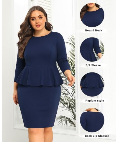 Womens Plus Size Peplum Dress 3/4 Sleeve Formal Work Business Knee Length Bodycon Pencil Dresses Navy Blue $24.47 Dresses