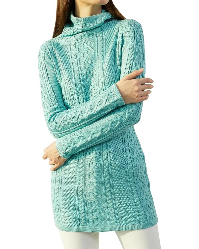 Women Polo Neck Long Slim Fitted Dress Bodycon Turtleneck Cable Knit Sweater Tiffany Blue $18.71 Sweaters