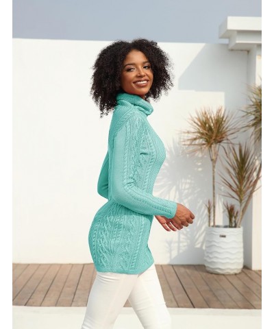 Women Polo Neck Long Slim Fitted Dress Bodycon Turtleneck Cable Knit Sweater Tiffany Blue $18.71 Sweaters