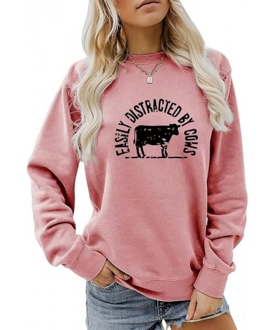 Farm Sweatshirt for Women Easily Distracted by Cows Funny Graphic Sweatshirt Casual Crew Neck Farmer Pullover Top Pink $9.59 ...