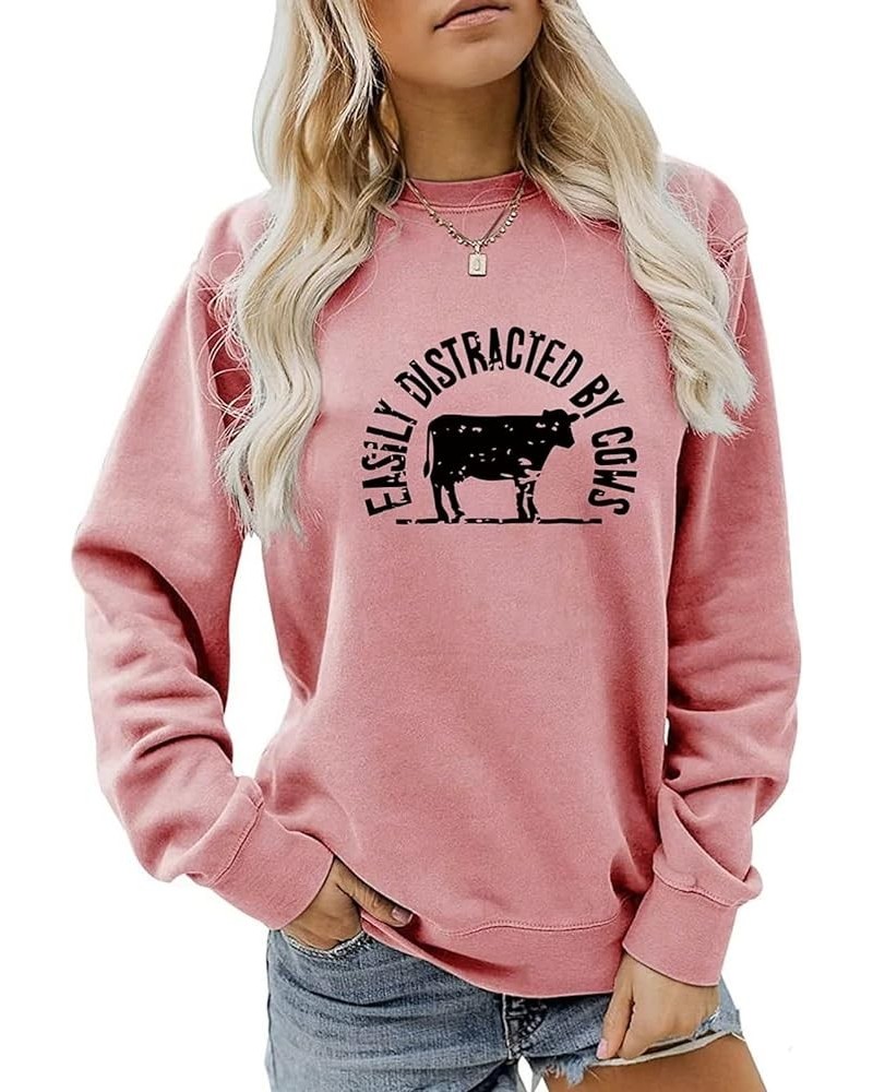 Farm Sweatshirt for Women Easily Distracted by Cows Funny Graphic Sweatshirt Casual Crew Neck Farmer Pullover Top Pink $9.59 ...